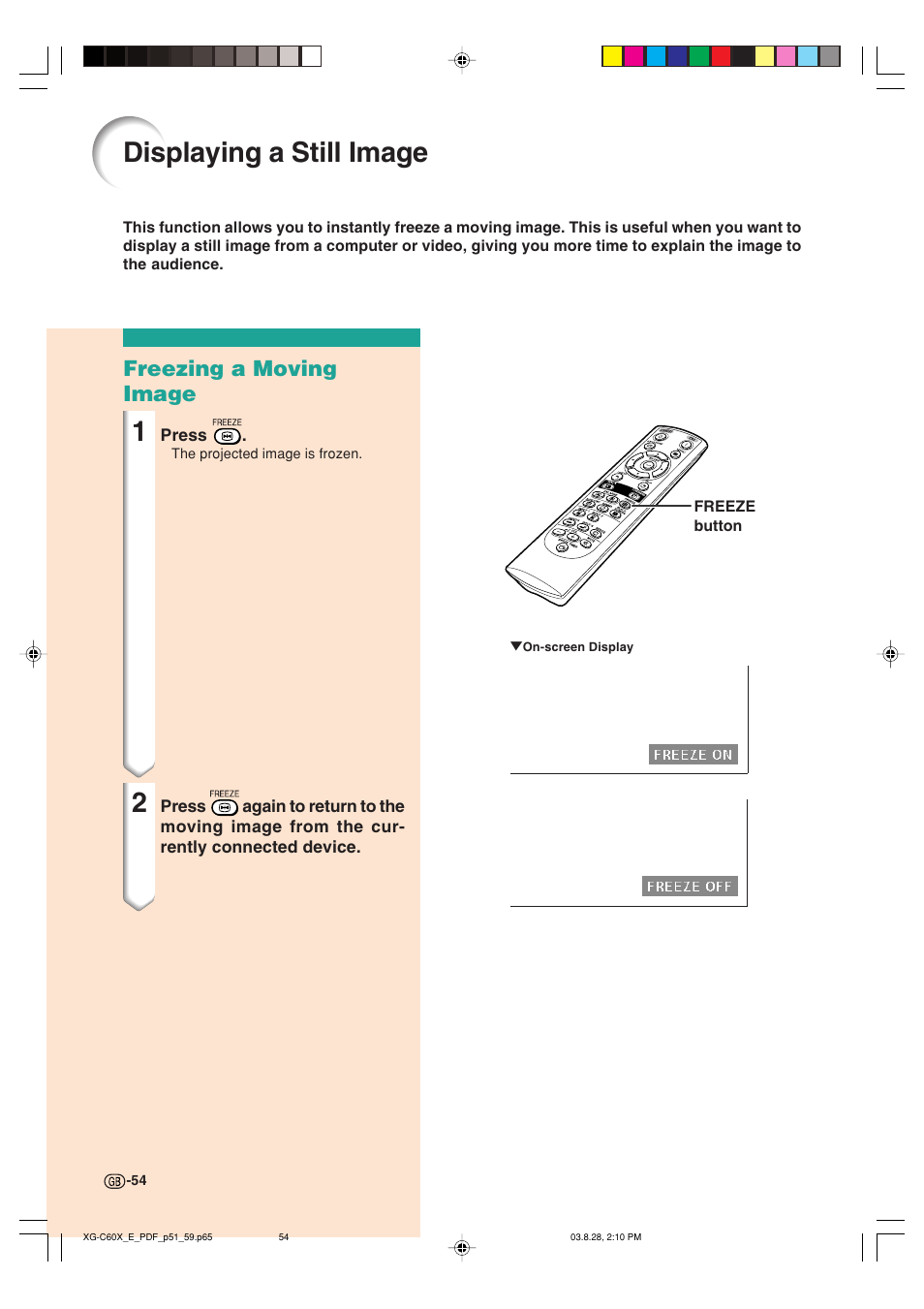 Displaying a still image, Freezing a moving image | Sharp XG-C60X User Manual | Page 58 / 106