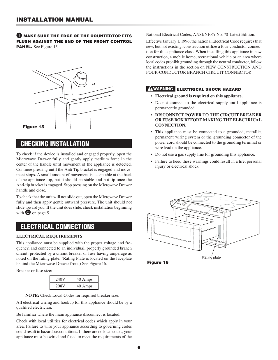 Checking installation, Electrical connections, Installation manual | Sharp Cooktop User Manual | Page 6 / 8