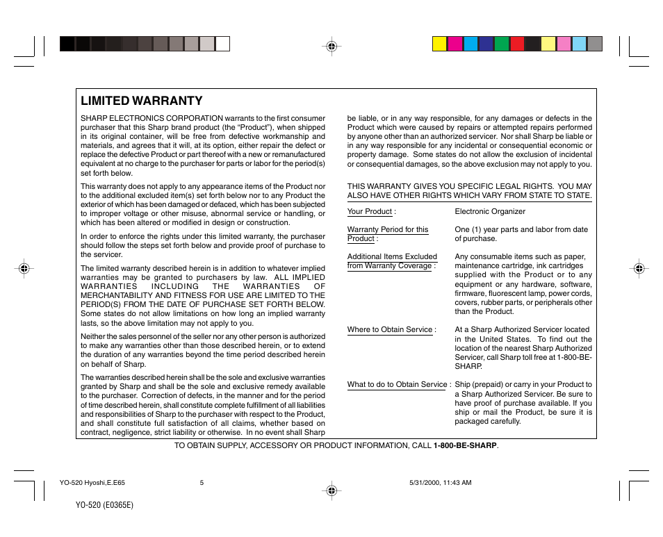 Limited warranty | Sharp YO-520 User Manual | Page 39 / 40