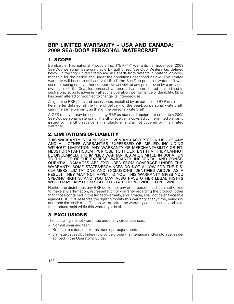 Scope, Limitations of liability, Exclusions | Ski-Doo WAKE Series User Manual | Page 124 / 148