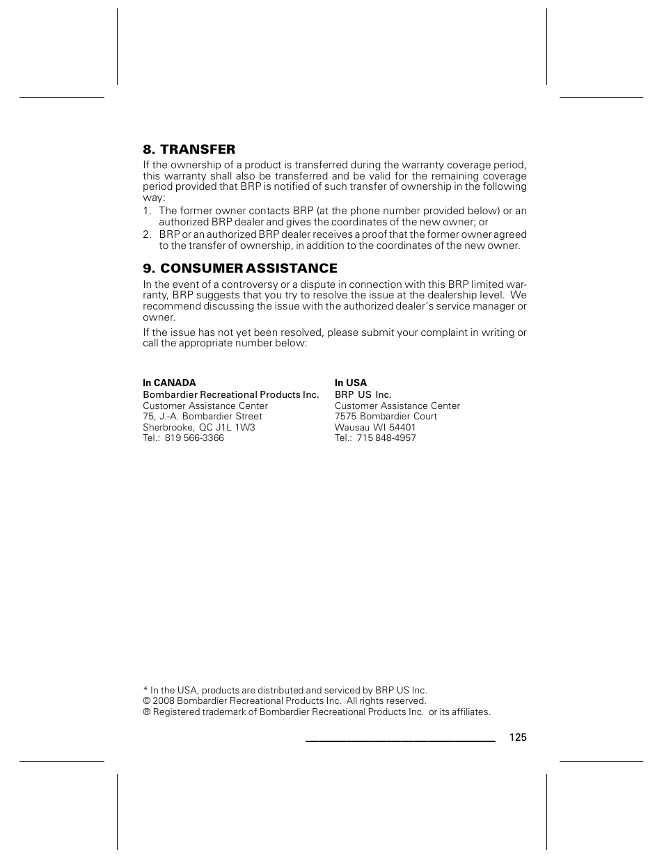 Transfer, Consumer assistance | Ski-Doo WAKE Series User Manual | Page 127 / 148