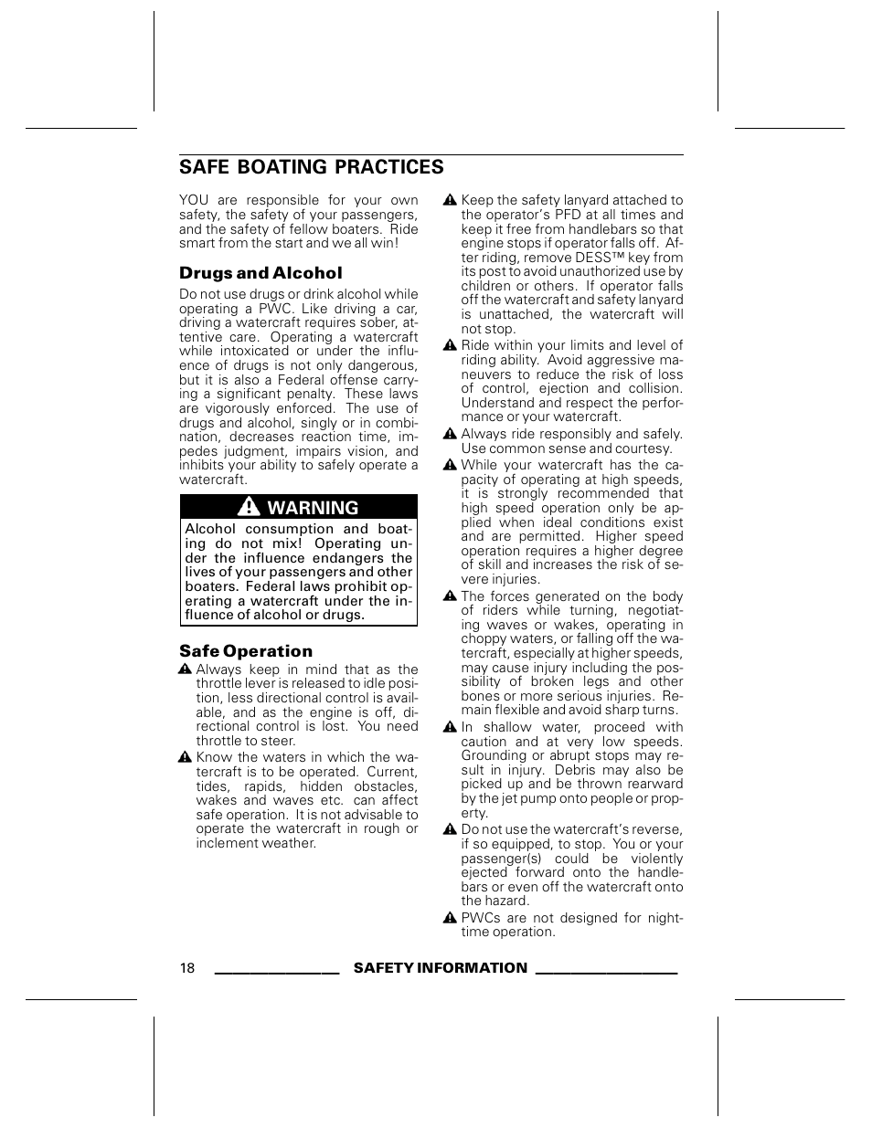 Safe boating practices, Drugs and alcohol, Safe operation | Ski-Doo WAKE Series User Manual | Page 20 / 148
