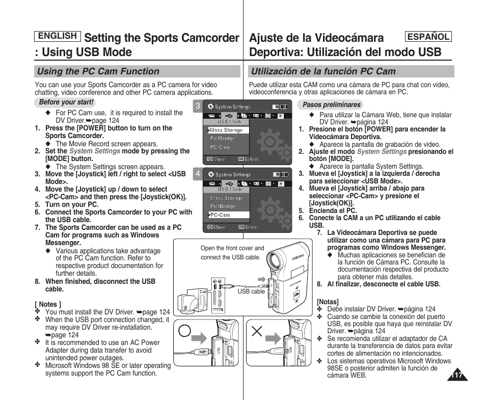 Setting the sports camcorder : using usb mode, Using the pc cam function, Utilización de la función pc cam | English español | Samsung SC-X205L User Manual | Page 117 / 144