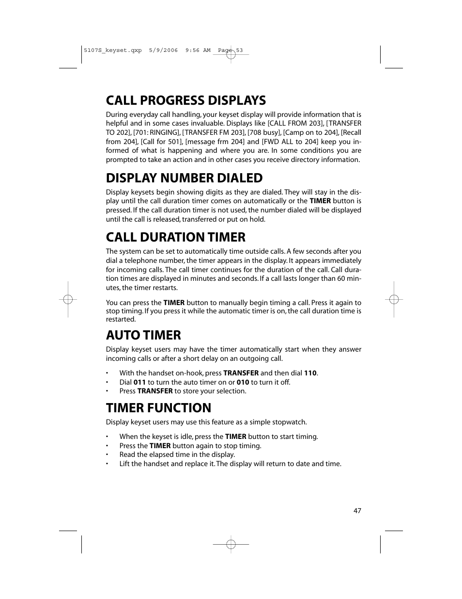 Call progress displays, Display number dialed, Call duration timer | Auto timer, Timer function | Samsung ITP-5107SIP User Manual | Page 54 / 86
