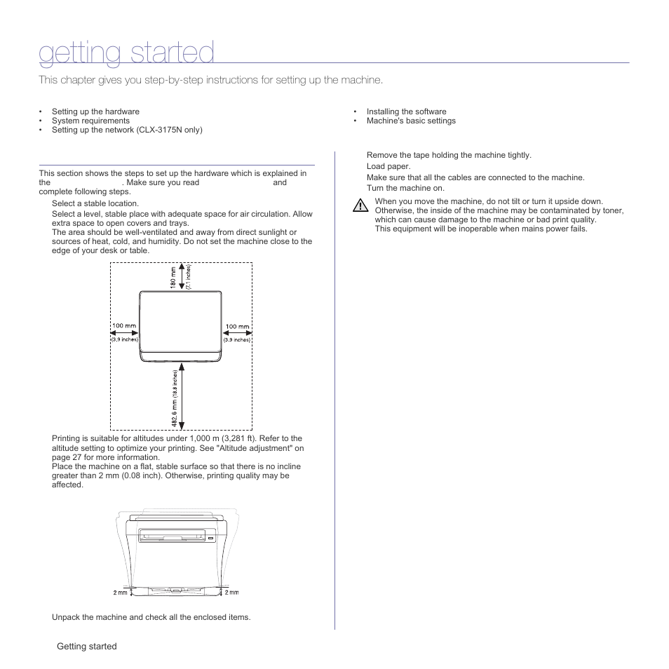 Getting started, Setting up the hardware | Samsung CLX-3175FN User Manual | Page 120 / 218