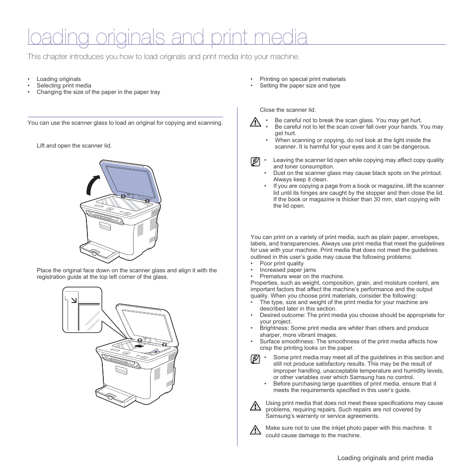 Loading originals and print media, Loading originals, On the scanner glass | Selecting print media | Samsung CLX-3175FN User Manual | Page 125 / 218