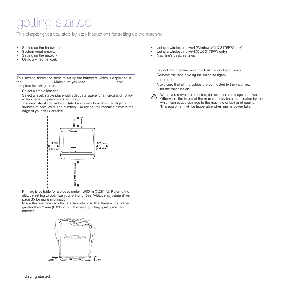 Getting started, Setting up the hardware | Samsung CLX-3175FN User Manual | Page 23 / 218