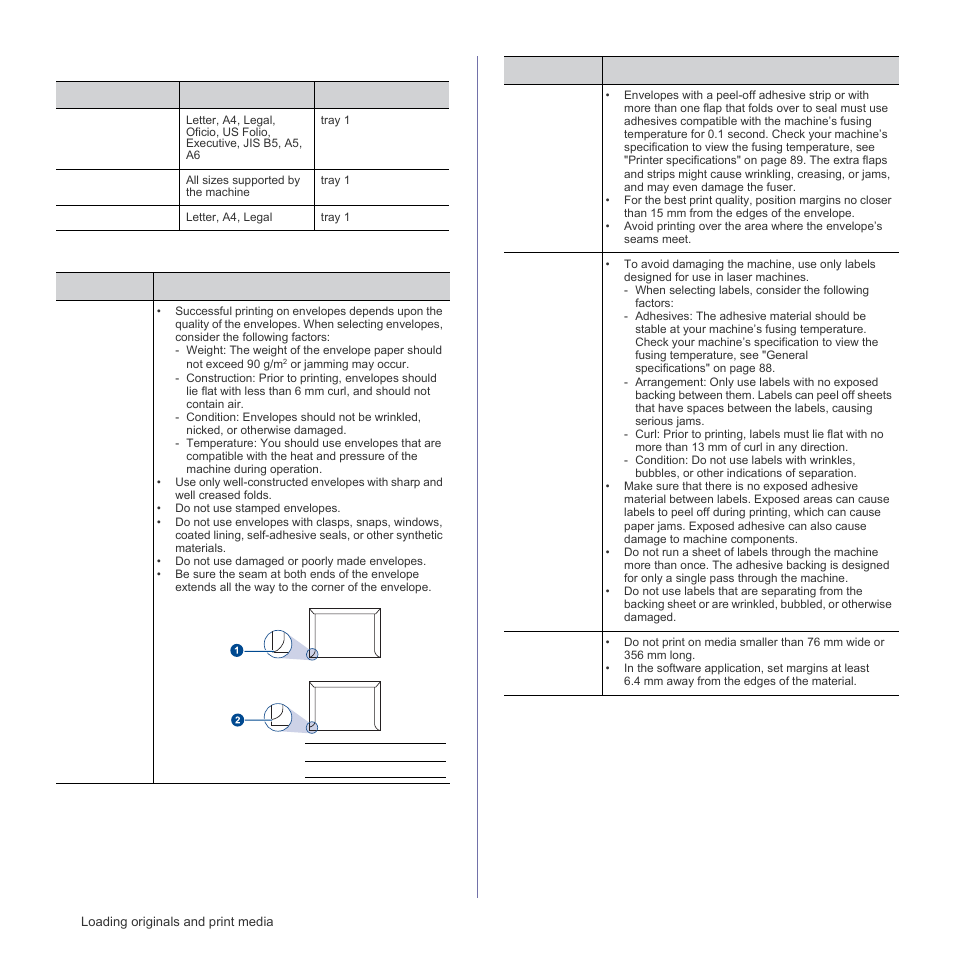 Media sizes supported in each mode, Guidelines for special print media | Samsung CLX-3175FN User Manual | Page 40 / 218