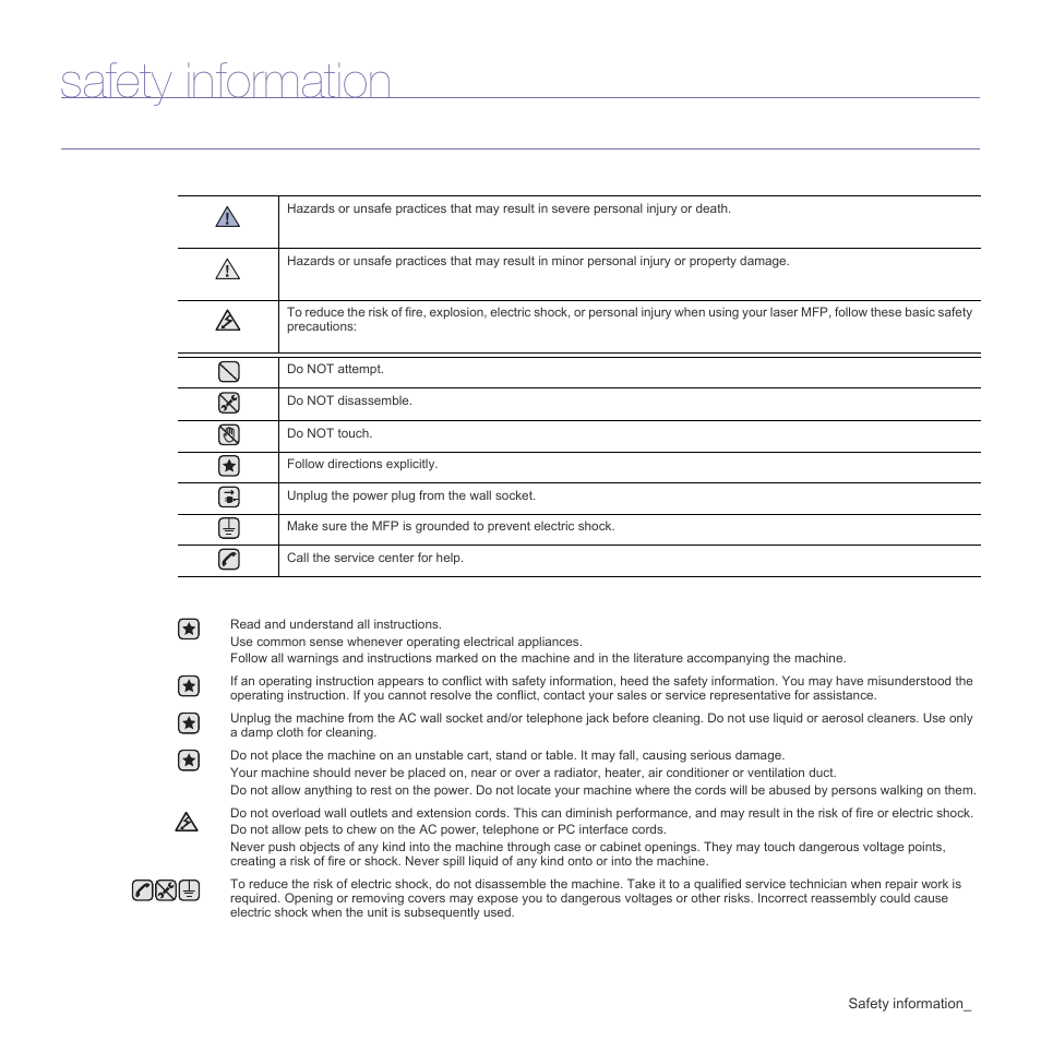 Safety information, Important safety symbols and precautions | Samsung CLX-3175FN User Manual | Page 5 / 218