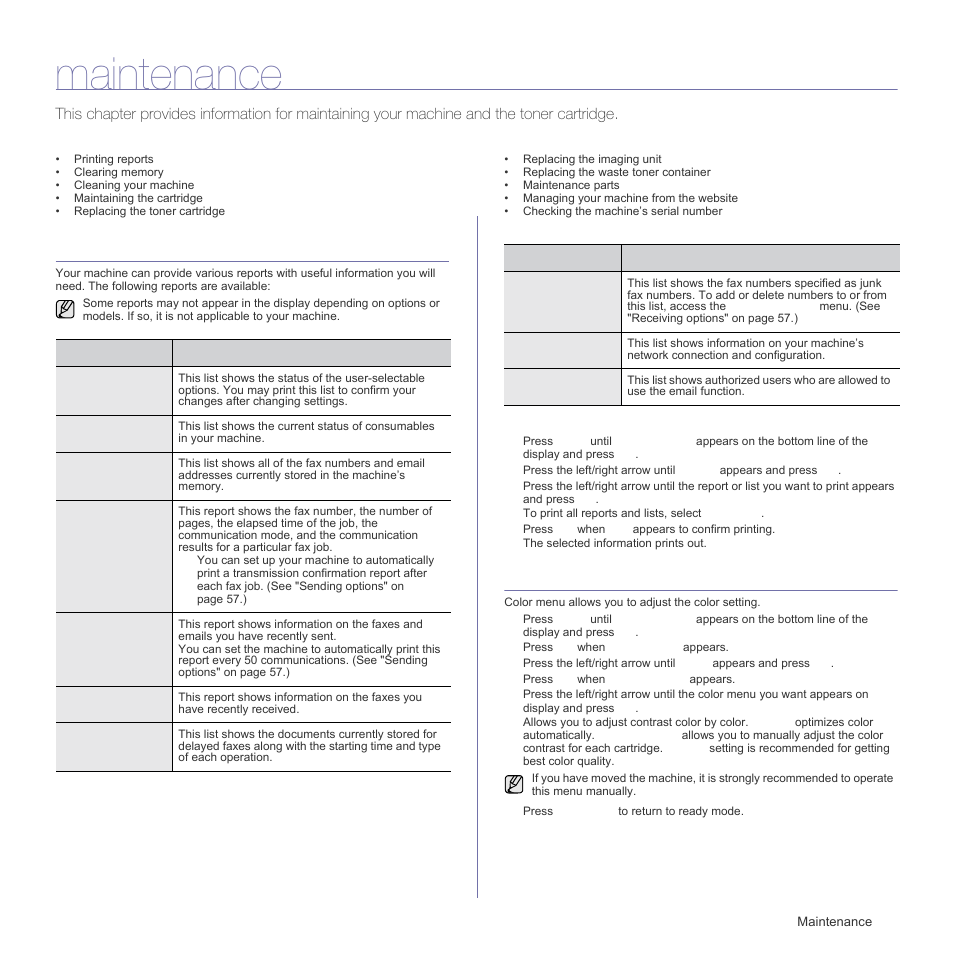 Maintenance, Printing reports, Printing a report | Adjusting the color contrast | Samsung CLX-3175FN User Manual | Page 63 / 218