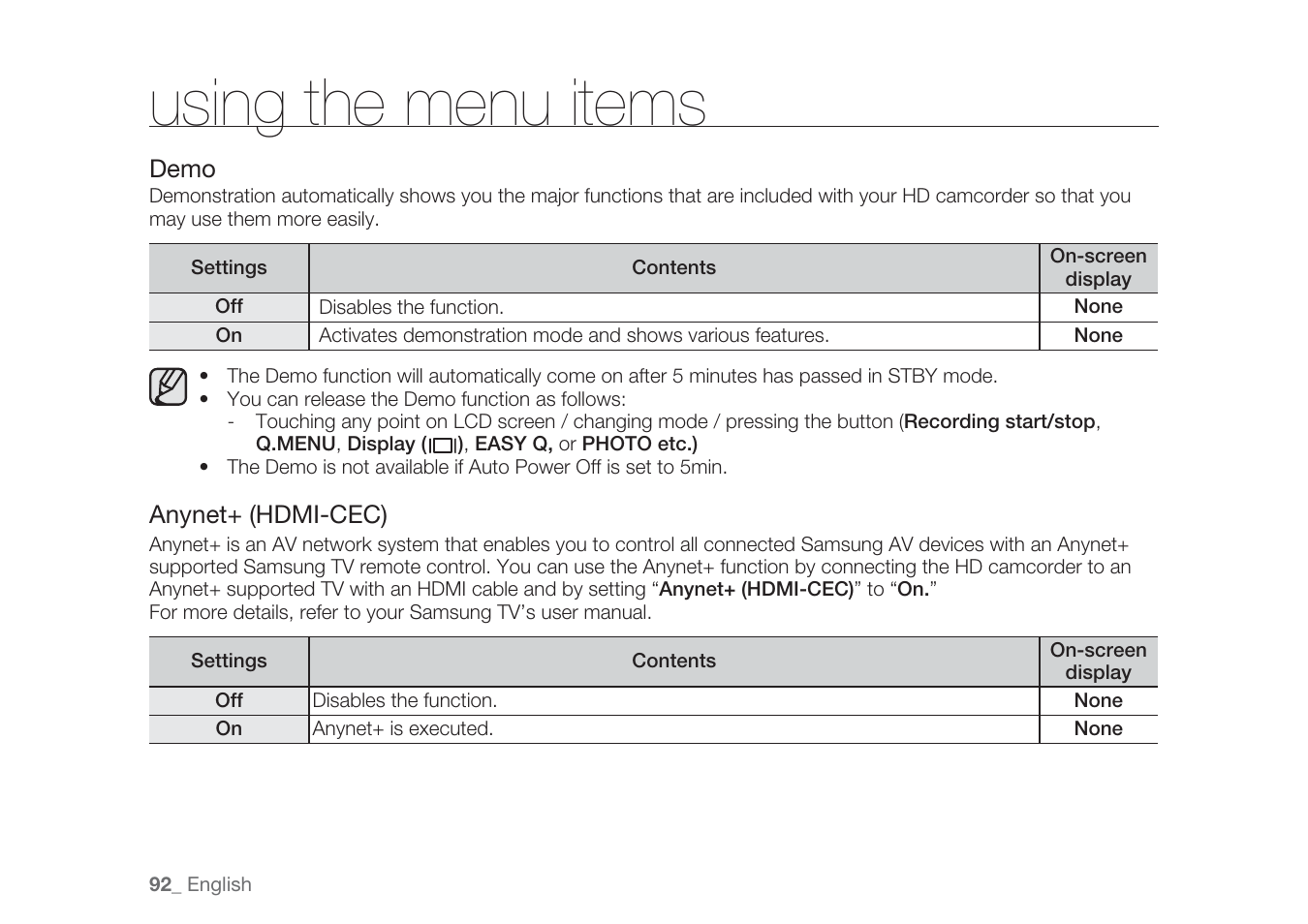 Using the menu items | Samsung HMX-H1062SP User Manual | Page 102 / 144