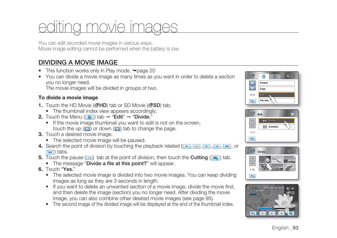 Editing movie images, Dividing a movie image | Samsung HMX-H1062SP User Manual | Page 103 / 144
