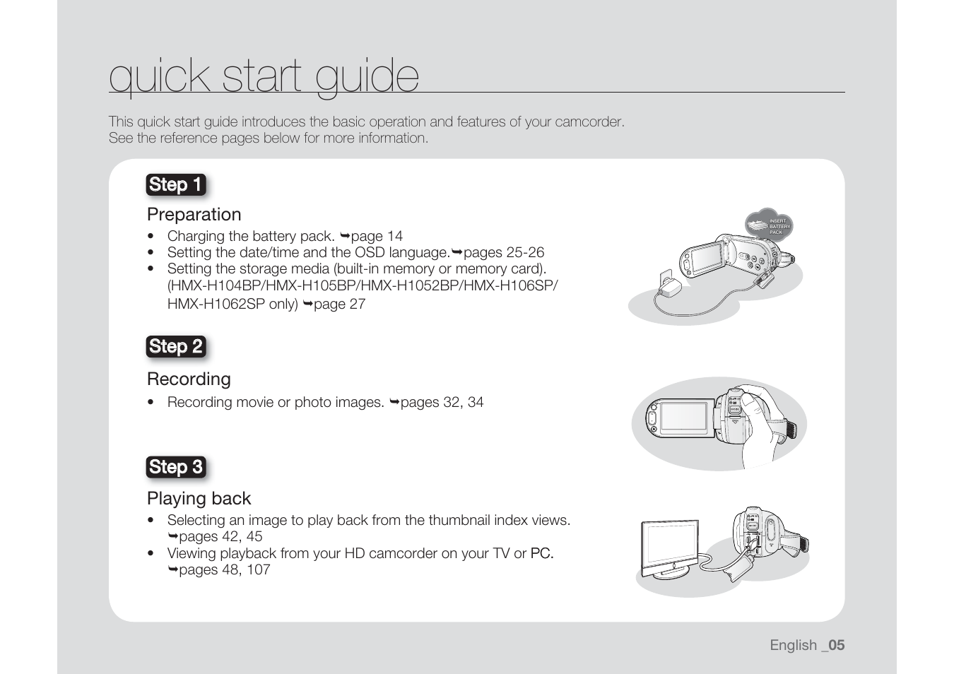 Quick start guide | Samsung HMX-H1062SP User Manual | Page 15 / 144