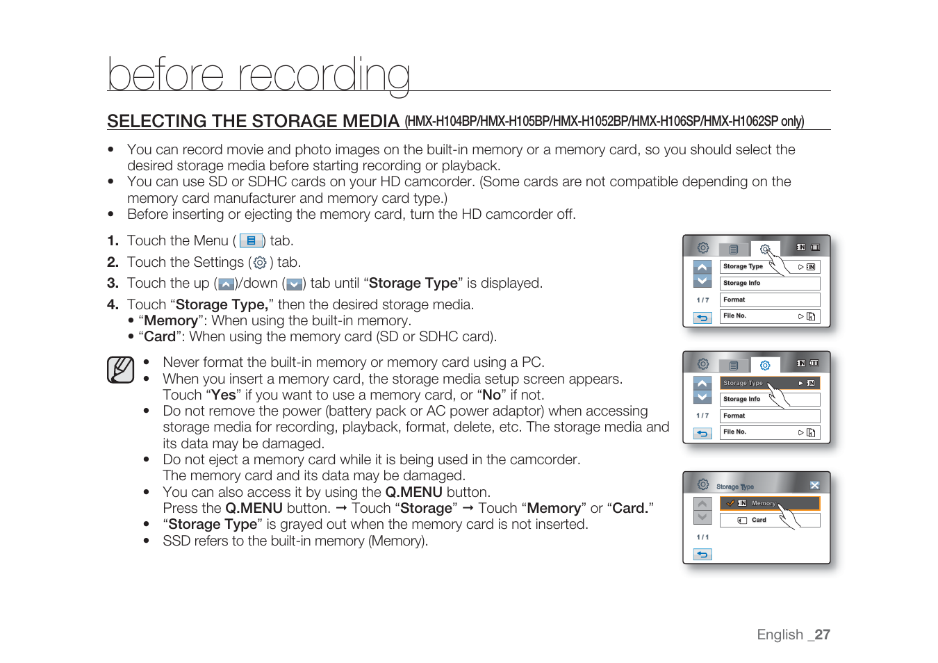 Before recording, Selecting the storage media | Samsung HMX-H1062SP User Manual | Page 37 / 144