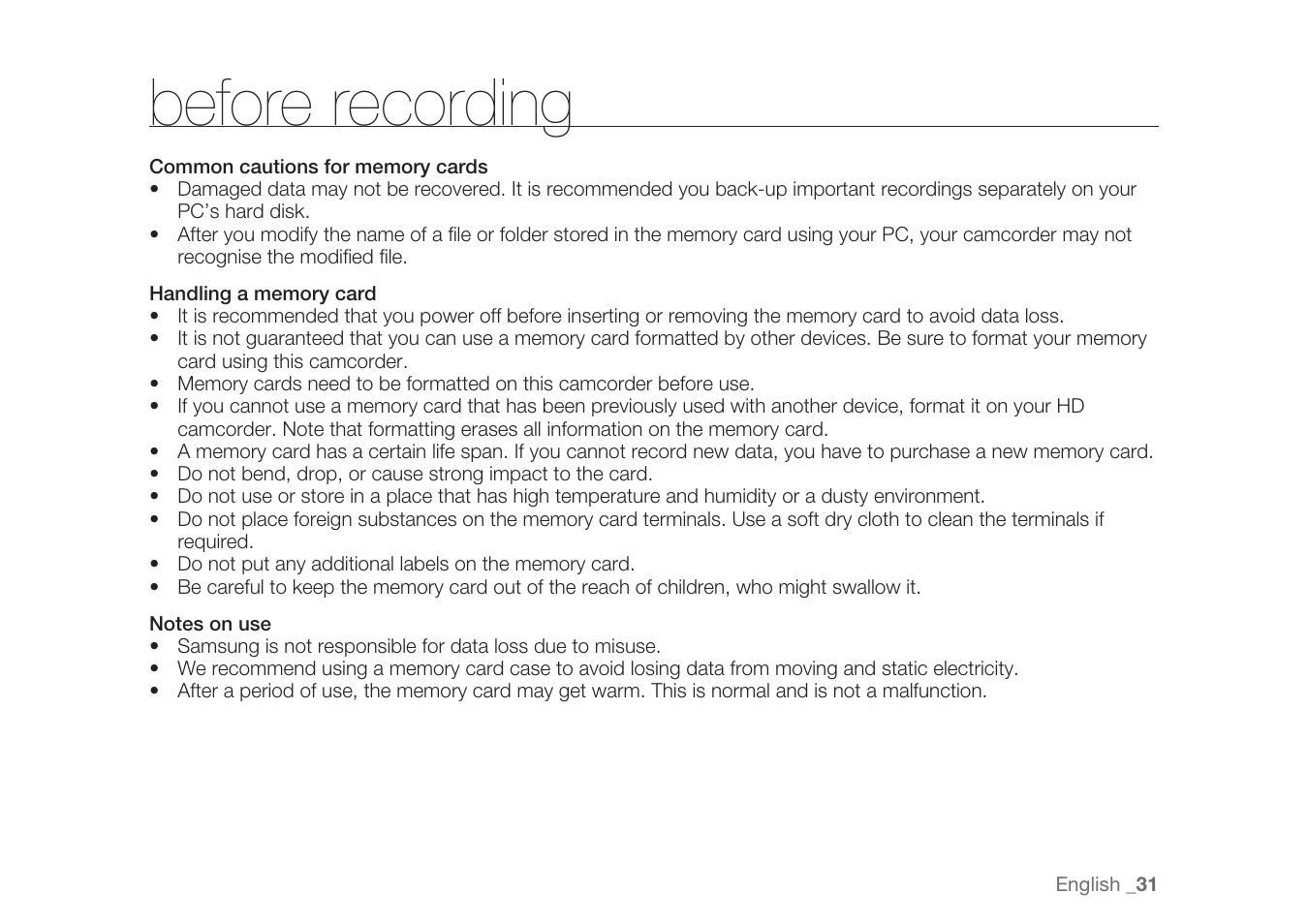 Before recording | Samsung HMX-H1062SP User Manual | Page 41 / 144