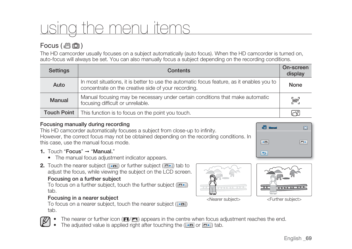 Using the menu items | Samsung HMX-H1062SP User Manual | Page 79 / 144