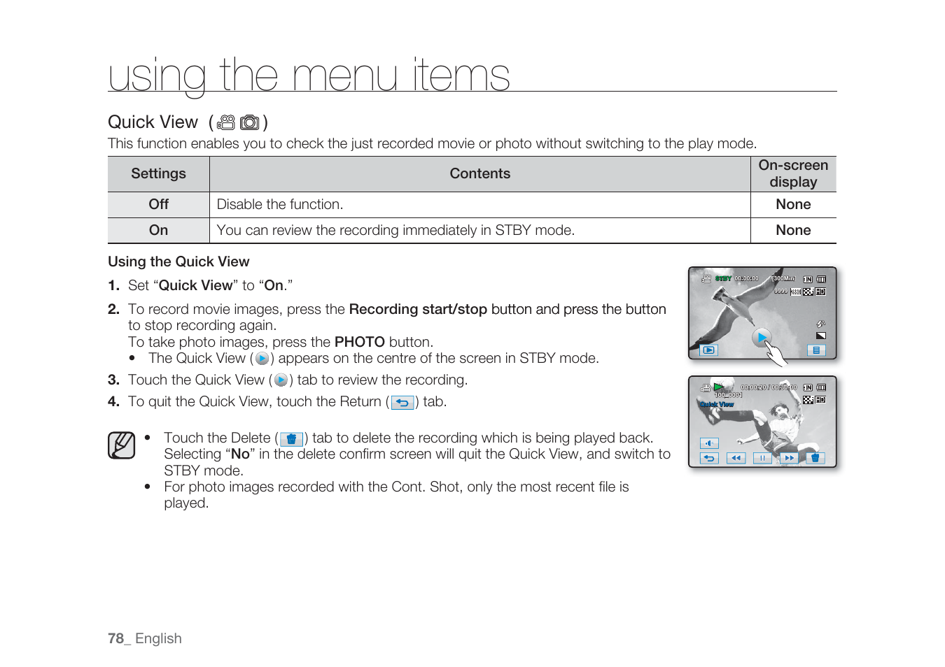 Using the menu items, Quick view ( ) | Samsung HMX-H1062SP User Manual | Page 88 / 144