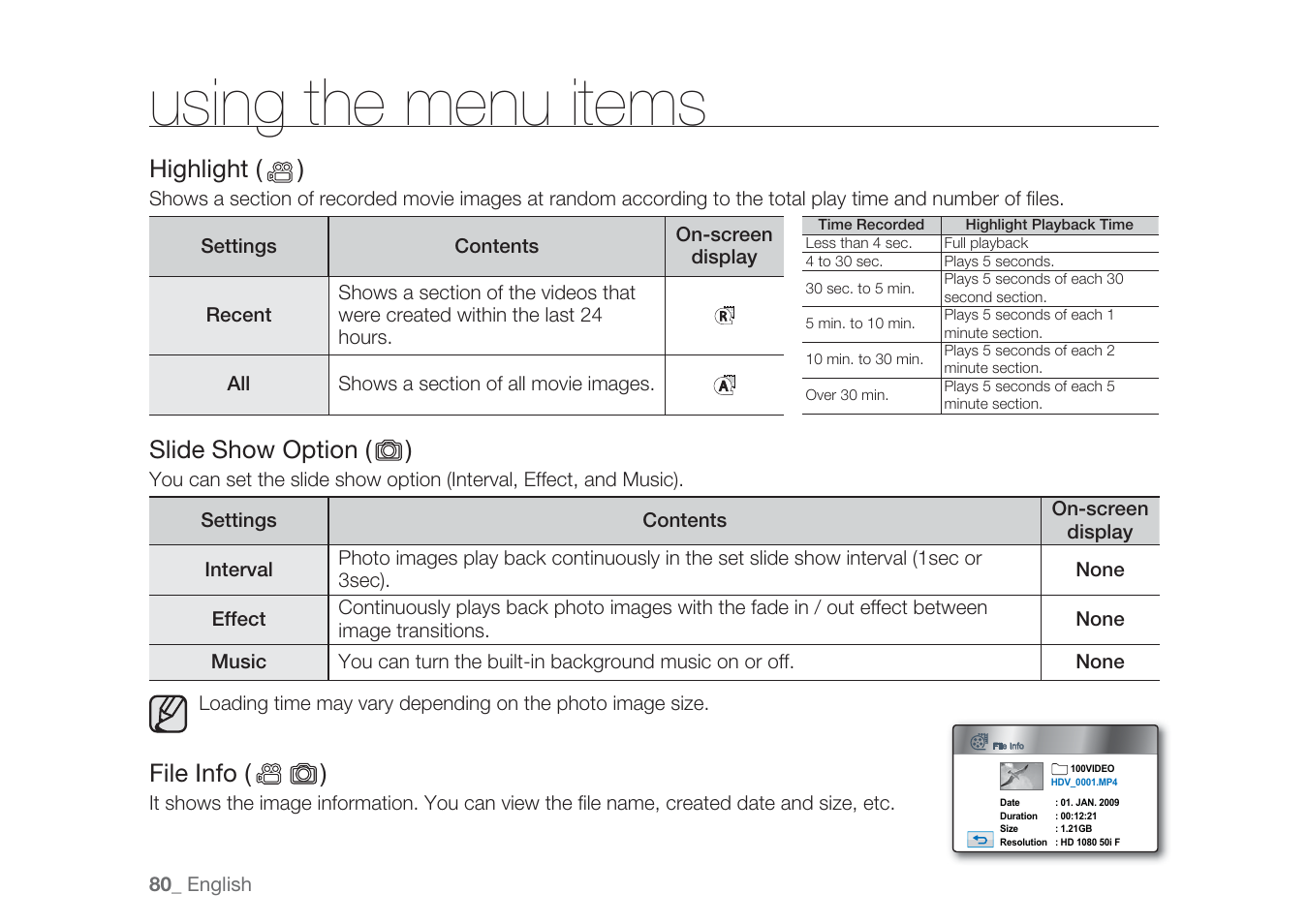 Using the menu items, Highlight ( ), Slide show option ( ) | File info ( ) | Samsung HMX-H1062SP User Manual | Page 90 / 144