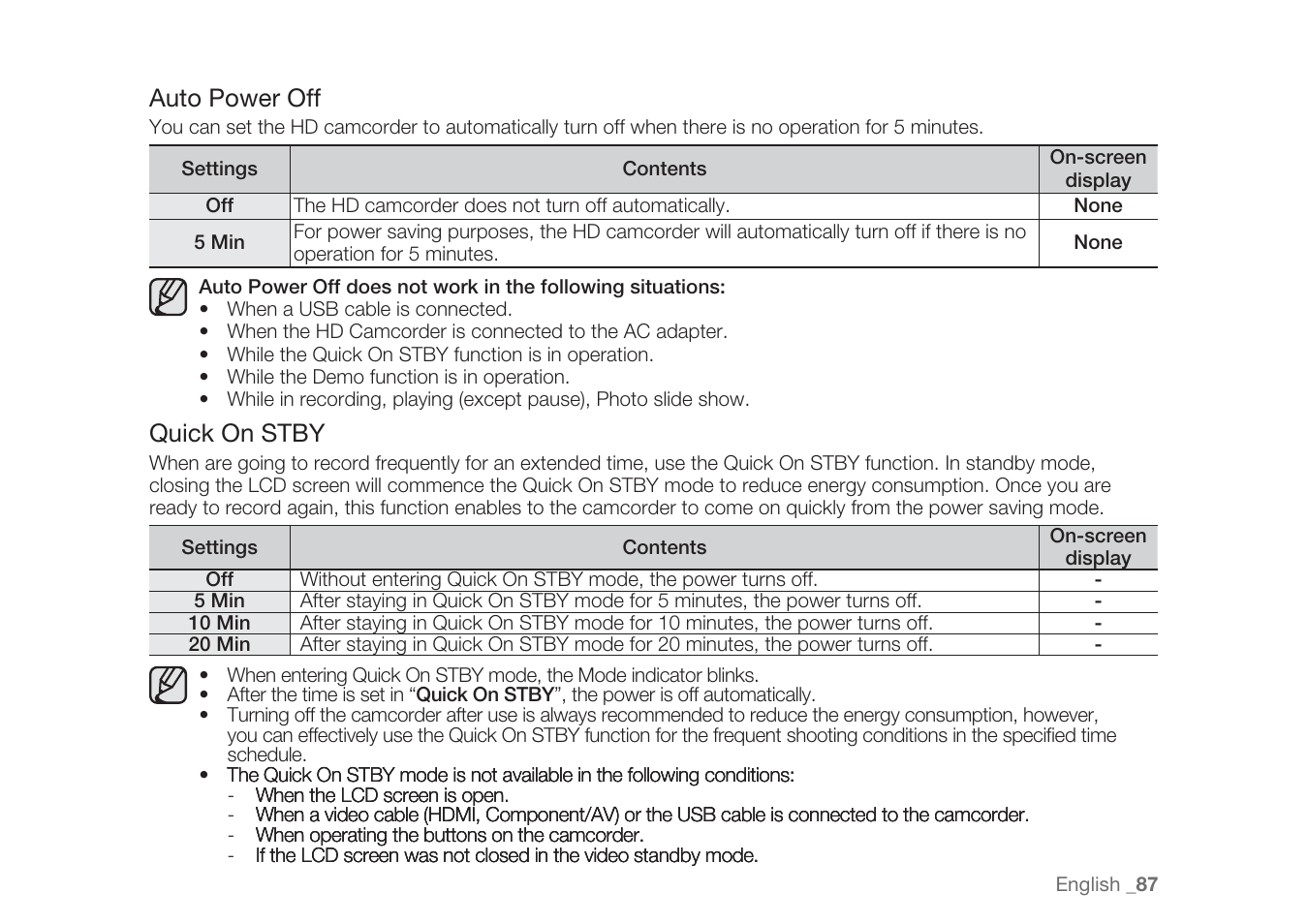 Auto power off, Quick on stby | Samsung HMX-H1062SP User Manual | Page 97 / 144