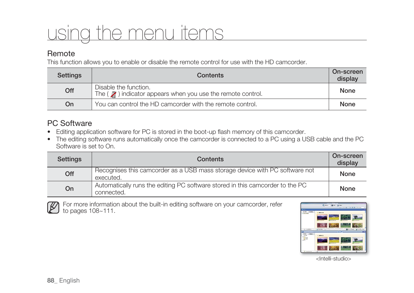 Using the menu items | Samsung HMX-H1062SP User Manual | Page 98 / 144