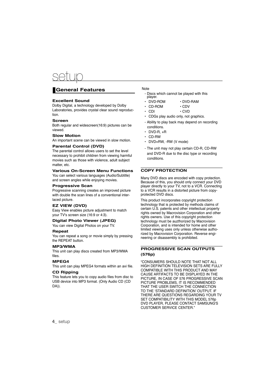 Setup, General features | Samsung AK68-01808C User Manual | Page 4 / 36