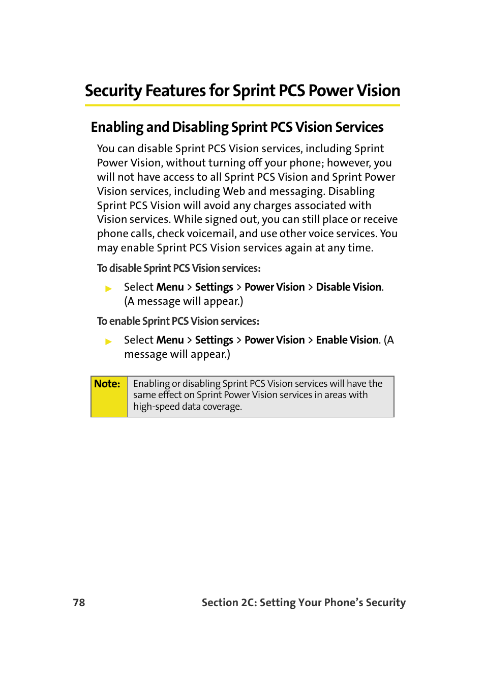 Security features for sprint pcs power vision, Enabling and disabling sprint pcs vision services | Samsung A900M User Manual | Page 102 / 276