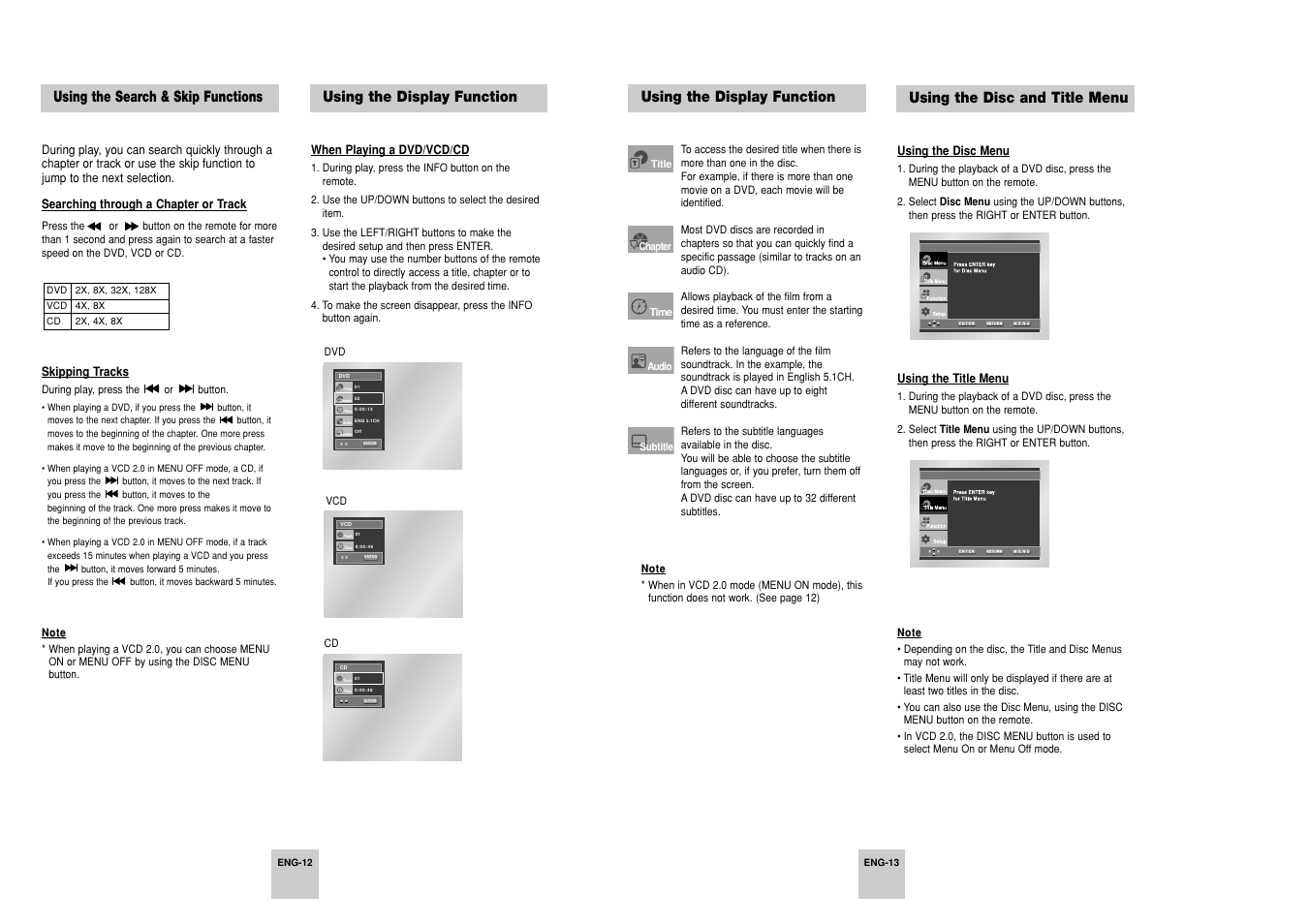 Using the search & skip functions, Using the display function, Using the disc and title menu | Samsung DVD-P248A User Manual | Page 7 / 16
