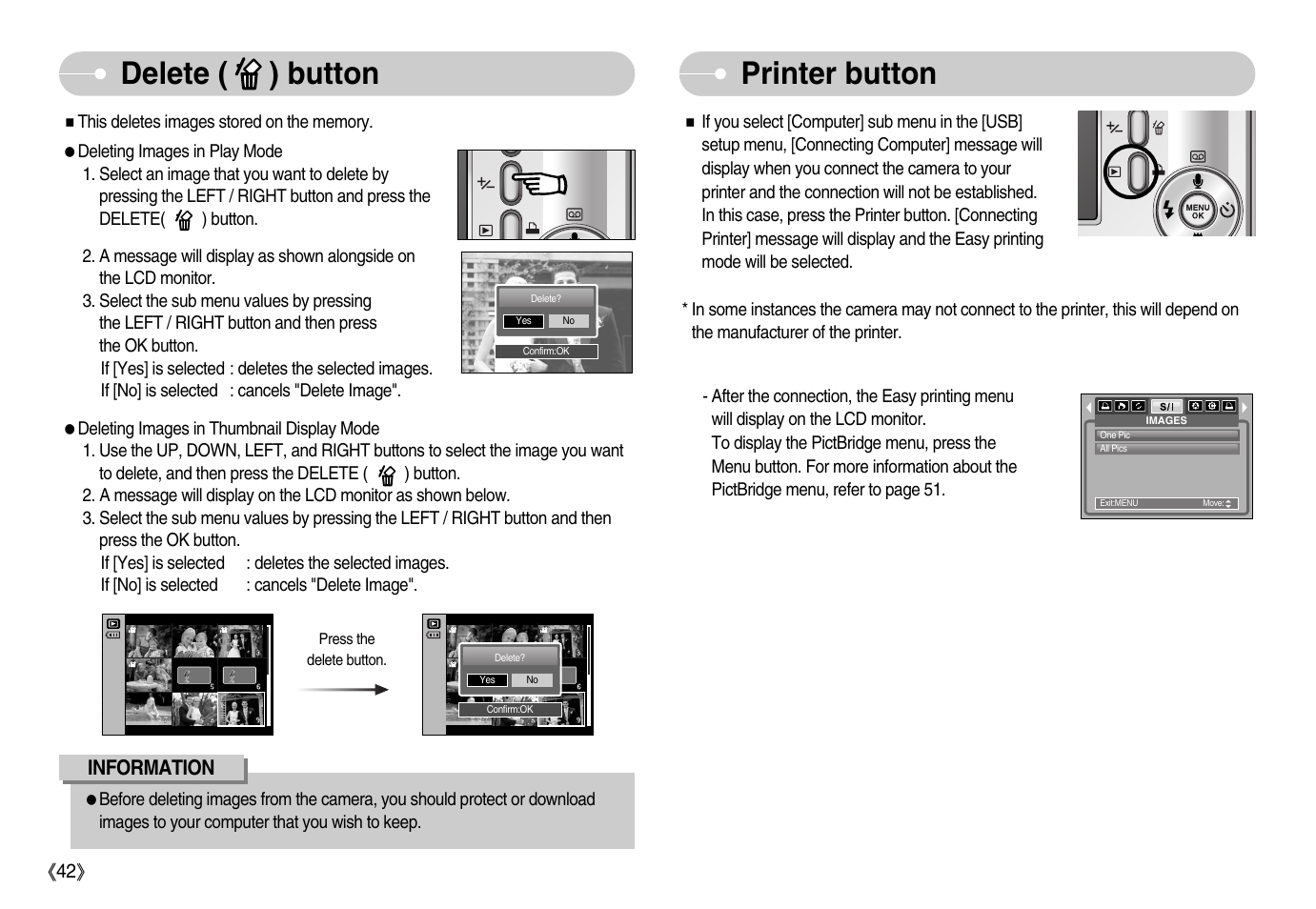 Delete ( ) button printer button | Samsung Digimax S800 User Manual | Page 43 / 82