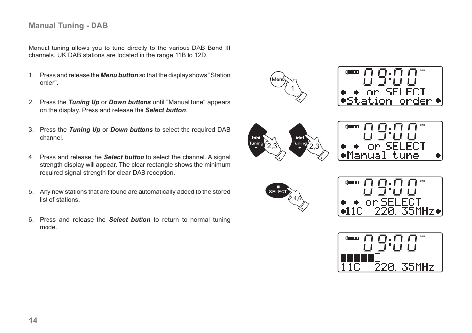 14 manual tuning - dab | Samsung MP-43 User Manual | Page 16 / 52