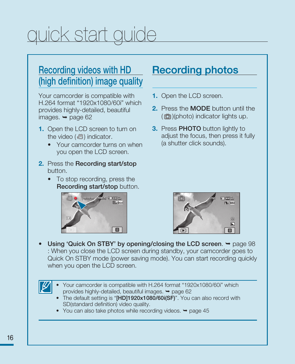 Quick start guide, Recording photos | Samsung HMX-R10SN User Manual | Page 20 / 157
