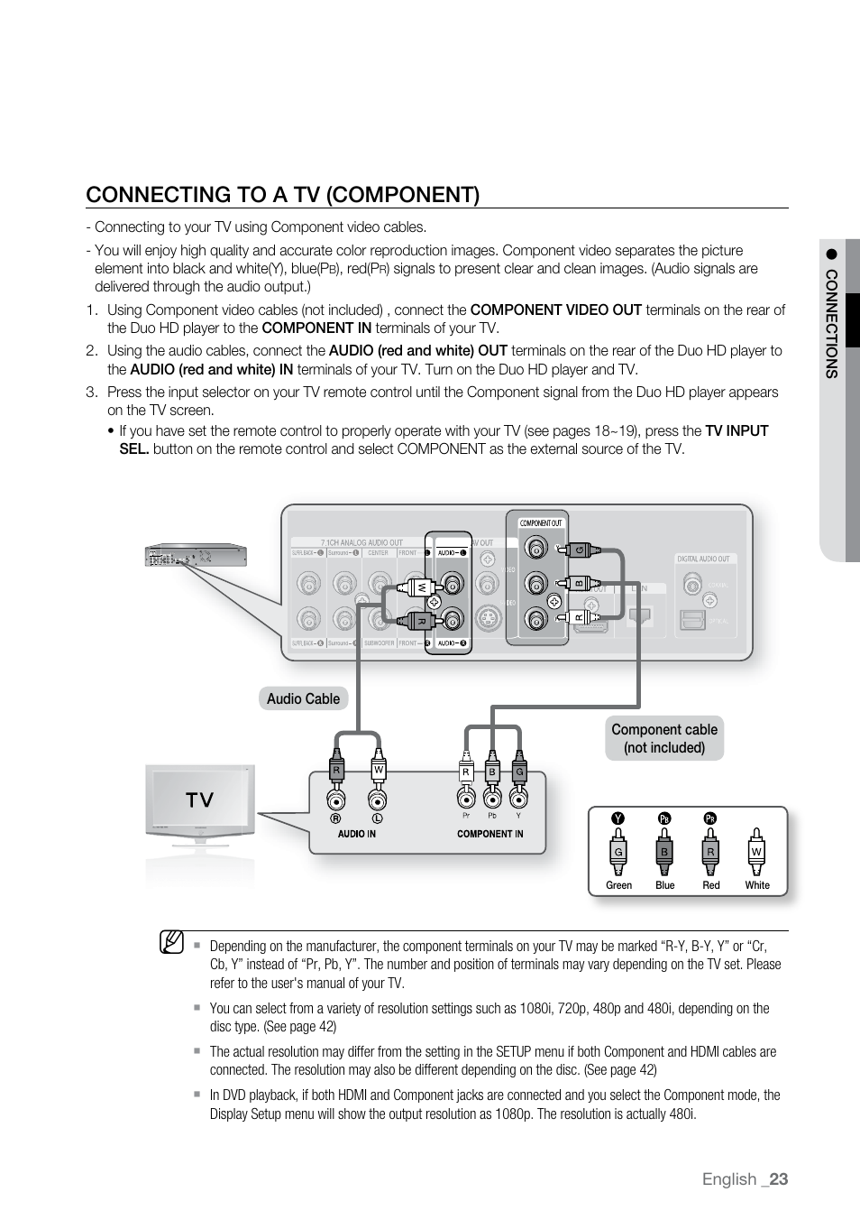 Connecting to a tv (component) | Samsung BD-UP5000 User Manual | Page 24 / 69