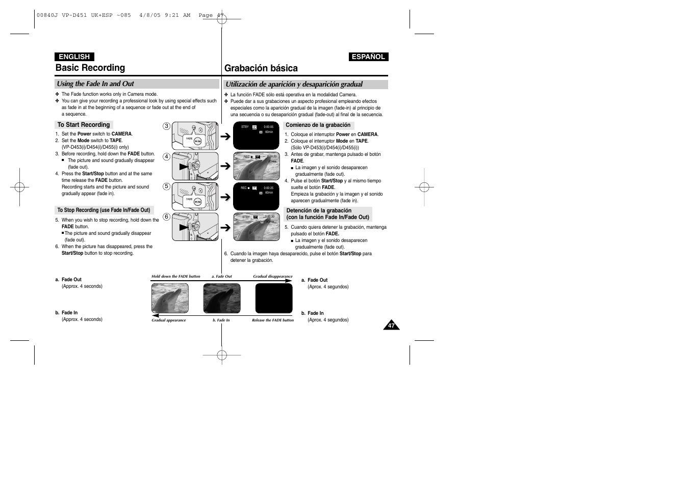 Basic recording, Grabación básica | Samsung D452N User Manual | Page 47 / 120
