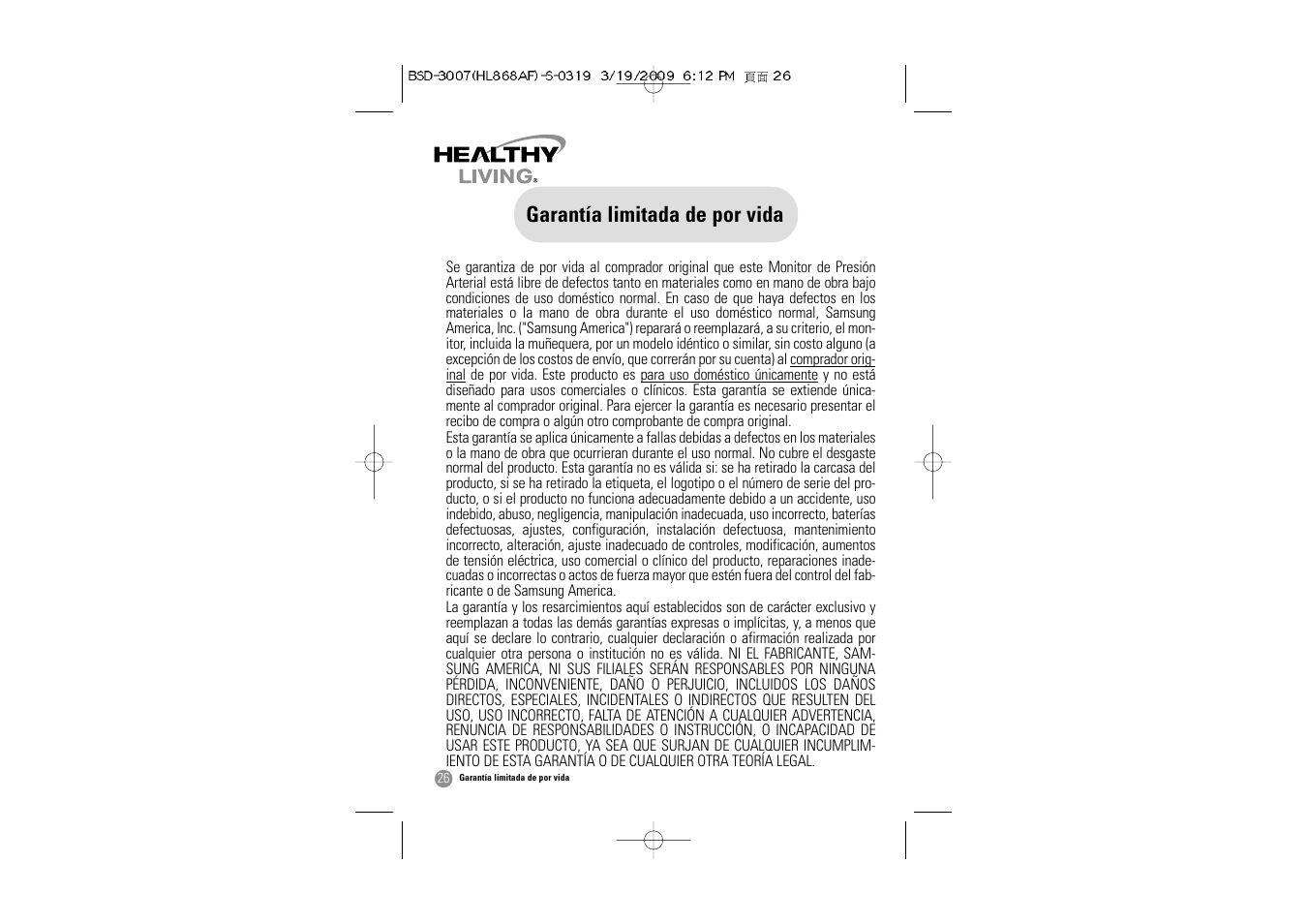 Garantía limitada de por vida | Samsung BSD-3007 User Manual | Page 59 / 66