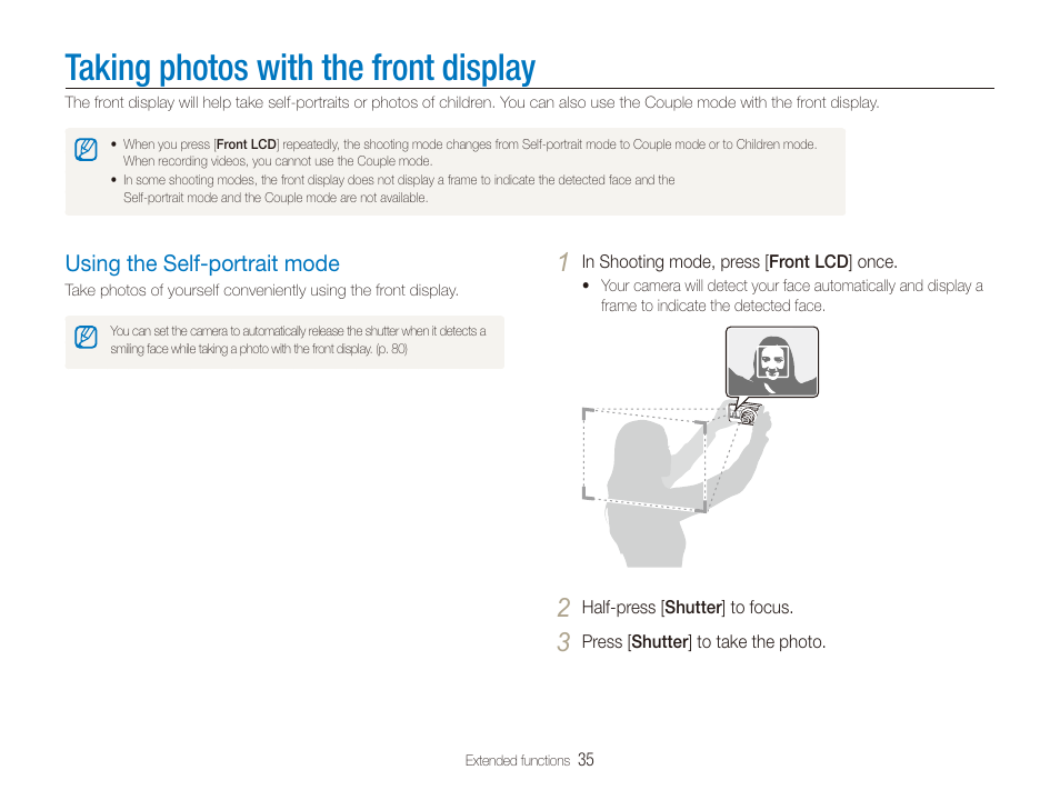 Taking photos with the front display, Using the self-portrait mode, Using the self-portrait mode ……………………………… 35 | Samsung TL205 User Manual | Page 36 / 100
