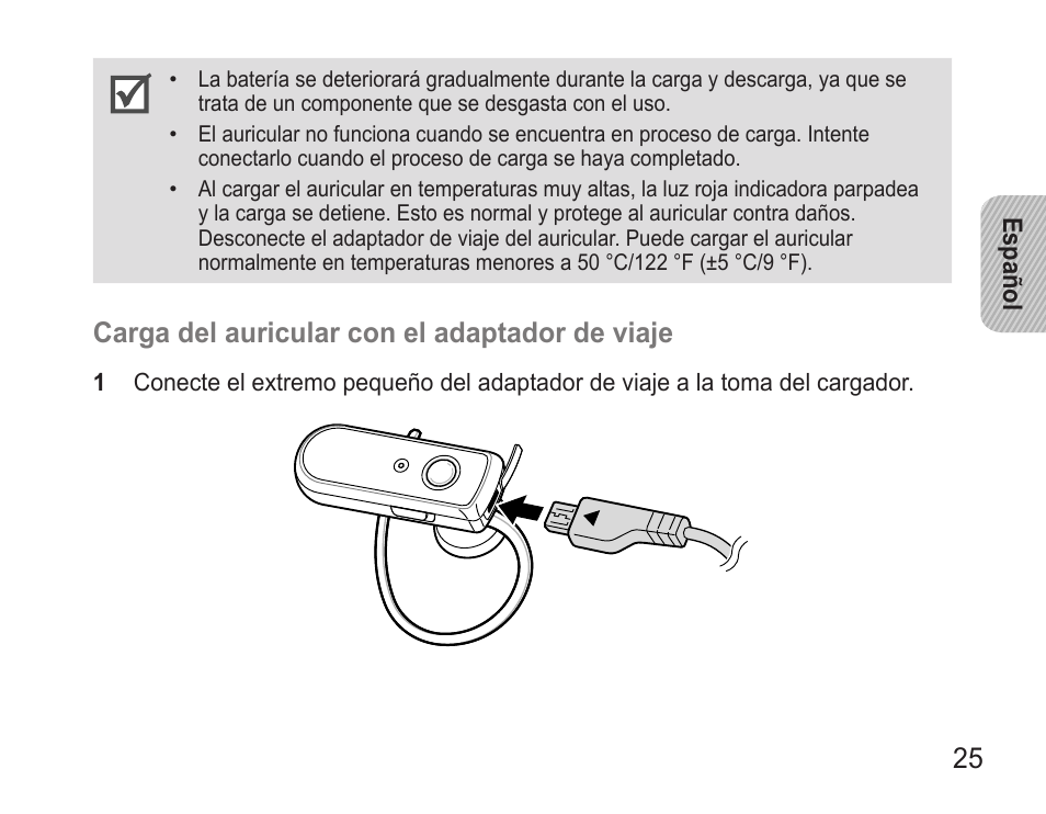 Carga.del.auricular.con.el.adaptador.de.viaje | Samsung WEP7 User Manual | Page 28 / 63