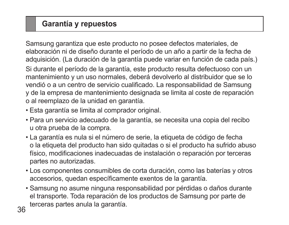 Garantía y repuestos, Arantía y repuestos | Samsung WEP7 User Manual | Page 39 / 63