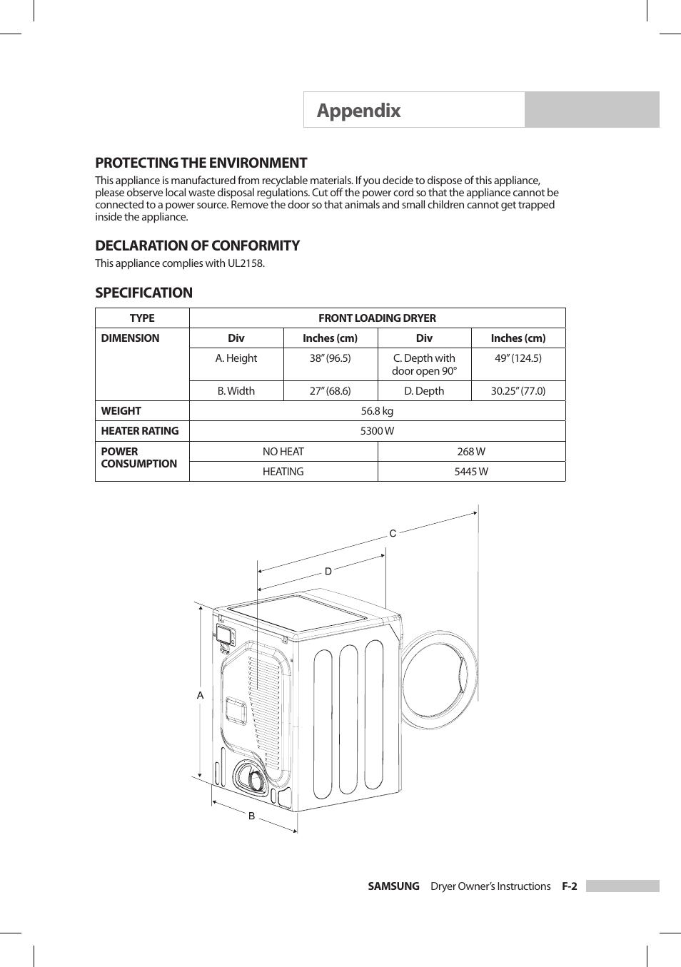 Appendix, Protecting the environment, Declaration of conformity | Specification | Samsung DV206LEW User Manual | Page 25 / 30