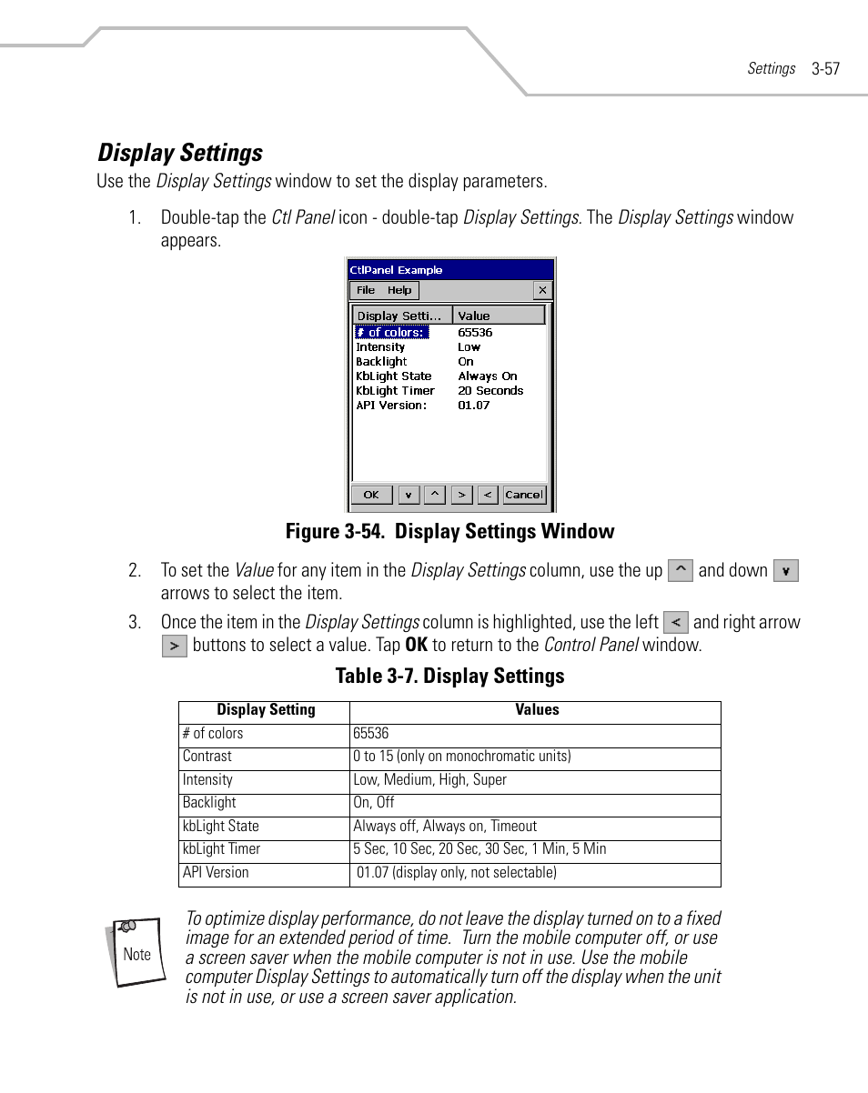 Display settings, Display settings -57, Figure 3-54. display settings window | Table 3-7. display settings | Symbol Technologies MC9000-K User Manual | Page 149 / 534