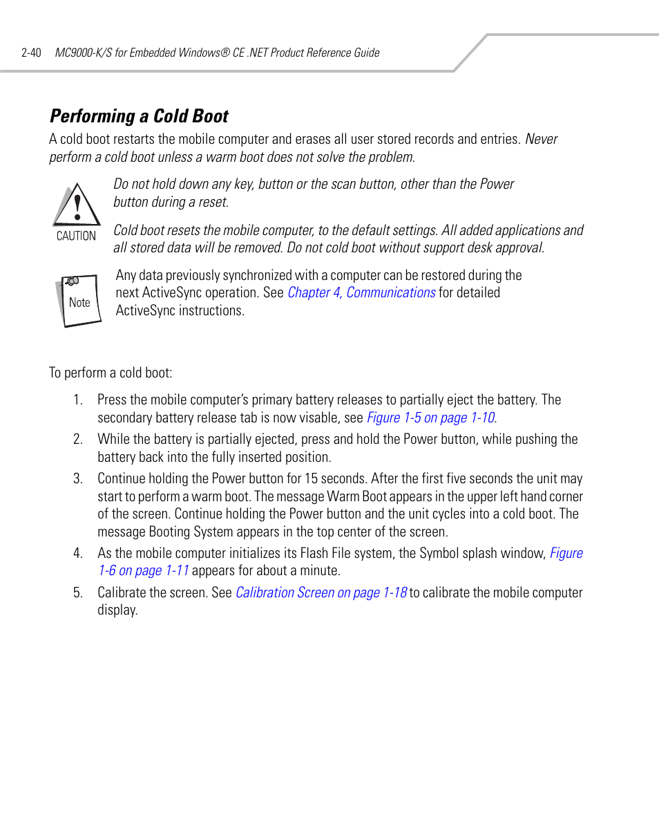 Performing a cold boot, Performing a cold boot -40 | Symbol Technologies MC9000-K User Manual | Page 88 / 534