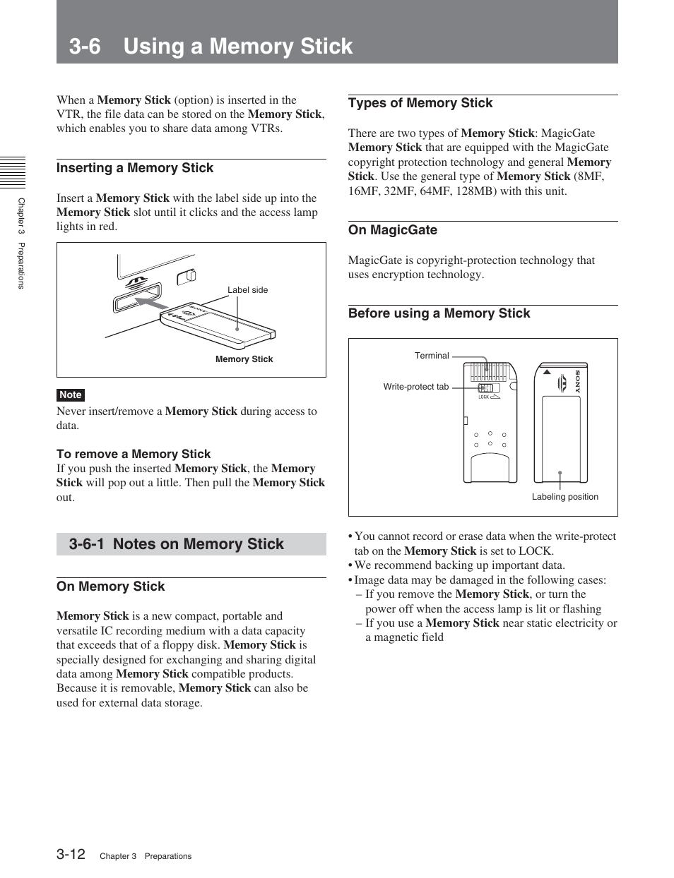 6 using a memory stick, 6-1 notes on memory stick | Sony DVW-2000 User Manual | Page 41 / 155