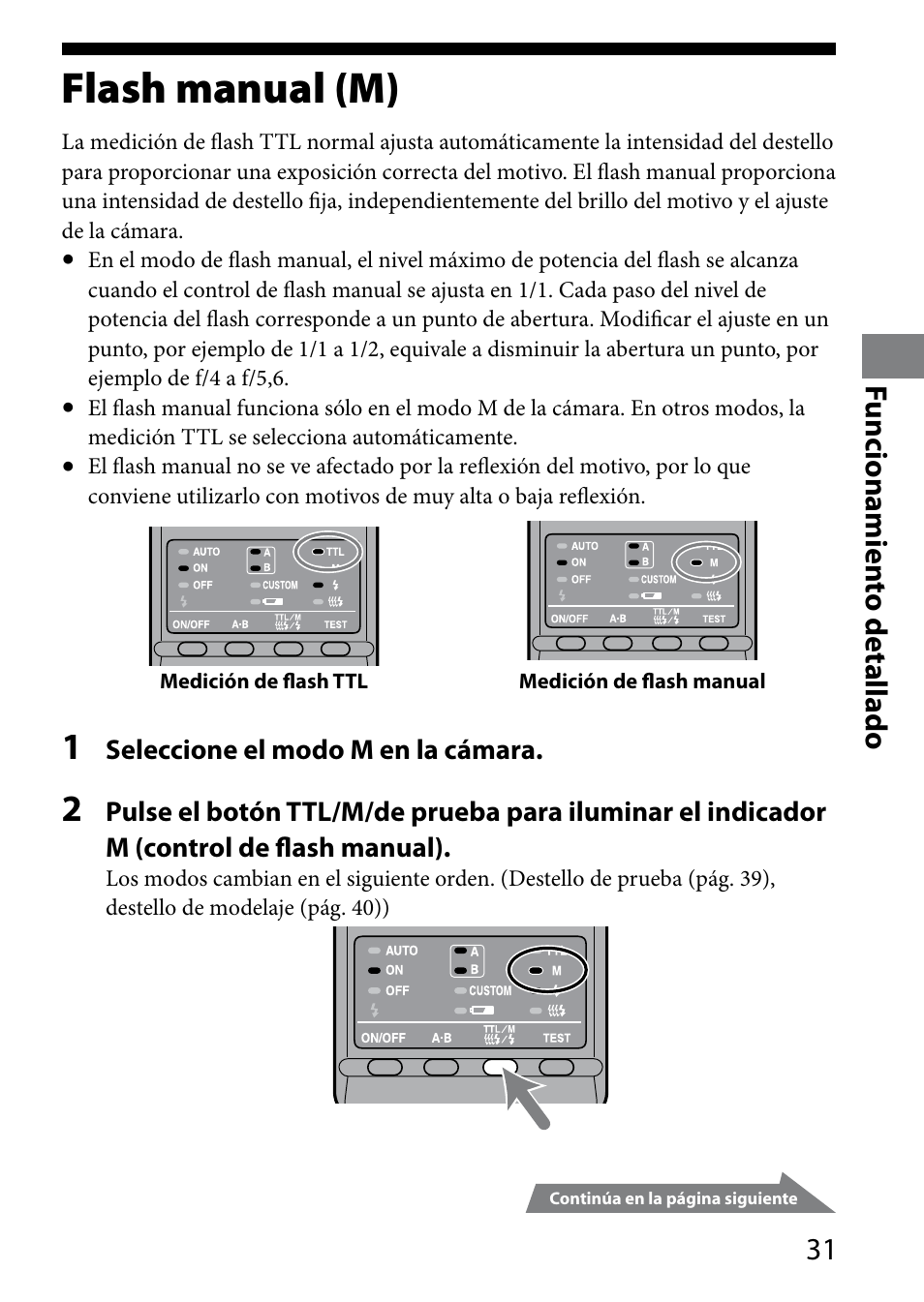Flash manual (m), 1 funcionamien to detallado | Sony HVL-MT24AM User Manual | Page 149 / 295