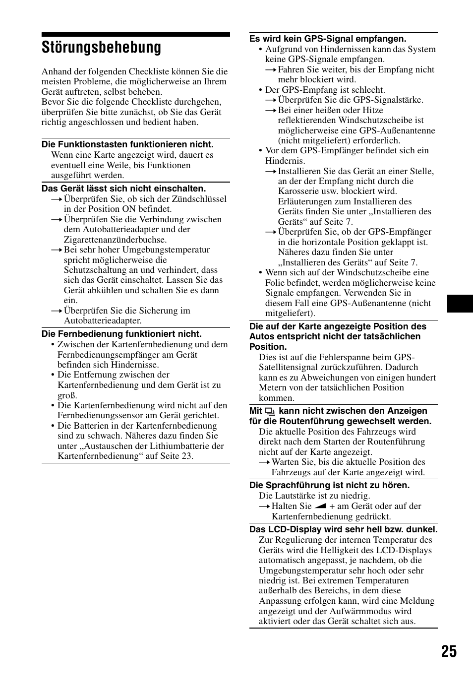 Störungsbehebung, 25 störungsbehebung | Sony NVX-P1 User Manual | Page 49 / 204