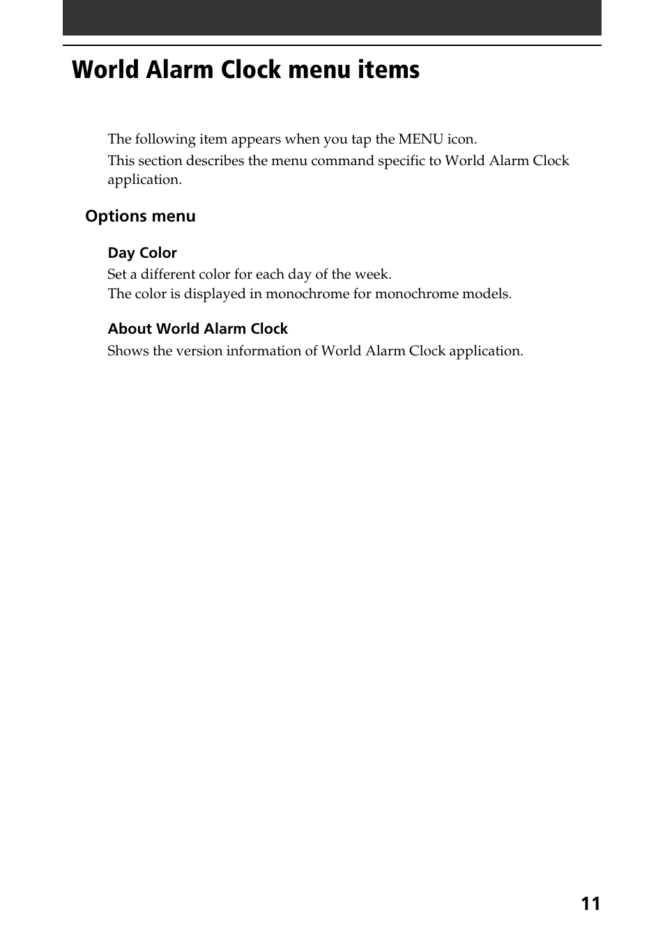 World alarm clock menu items | Sony CLIE World Alarm Clock User Manual | Page 11 / 12