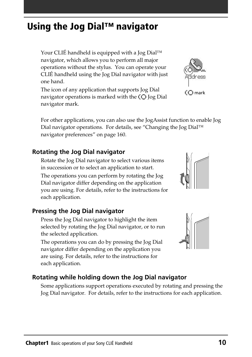 Using the jog dial™ navigator, Using the jog dial, Navigator | Sony PEG-T415G User Manual | Page 10 / 220