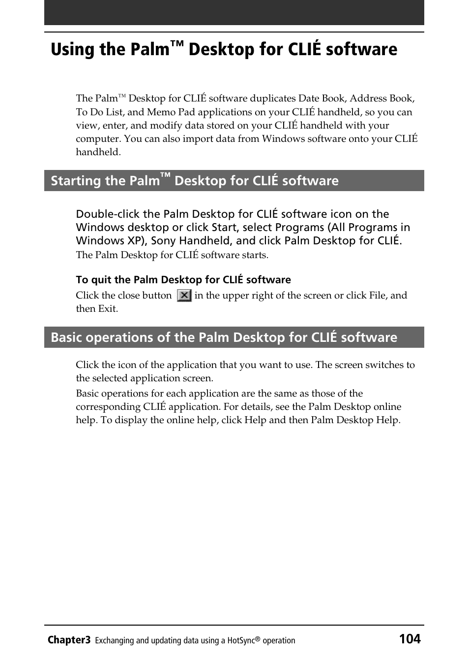 Using the palm™ desktop for clié software, Starting the palm™ desktop for clié software, Using the palm | Desktop for clié, Software, Starting the palm, Desktop for, Clié software, Desktop for clié software | Sony PEG-T415G User Manual | Page 104 / 220