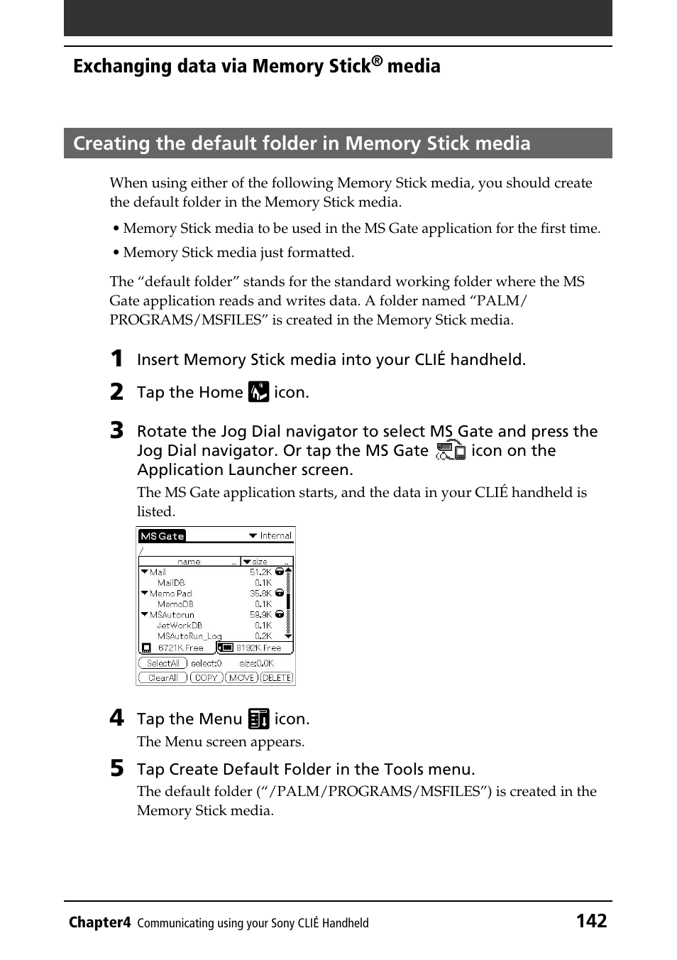 Creating the default folder in memory stick media | Sony PEG-T415G User Manual | Page 142 / 220