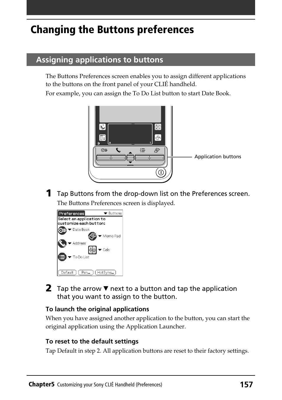 Changing the buttons preferences, Assigning applications to buttons | Sony PEG-T415G User Manual | Page 157 / 220