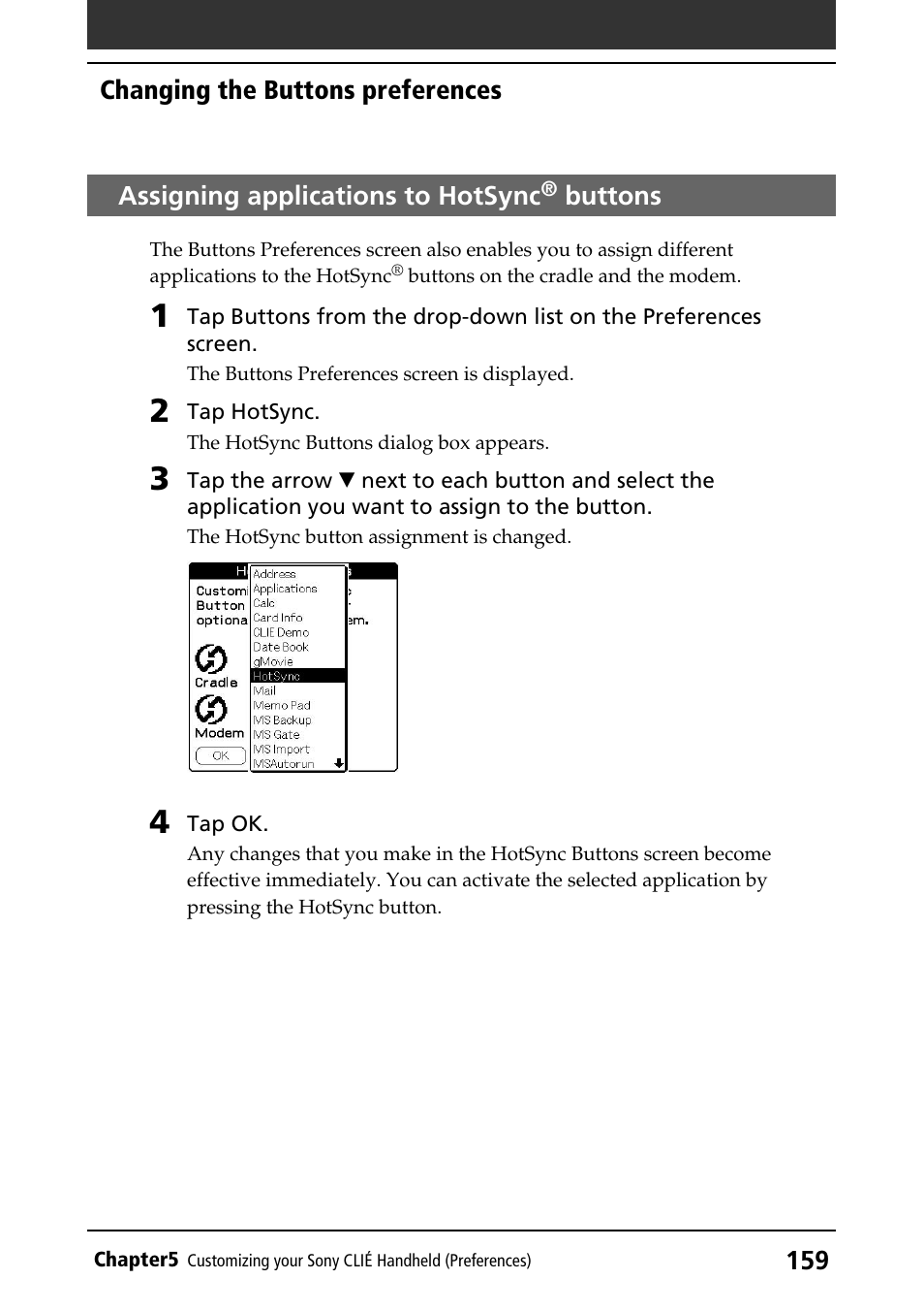 Assigning applications to hotsync® buttons, Assigning applications to hotsync, Buttons | Sony PEG-T415G User Manual | Page 159 / 220