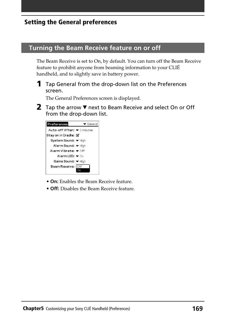 Turning the beam receive feature, On or off | Sony PEG-T415G User Manual | Page 169 / 220