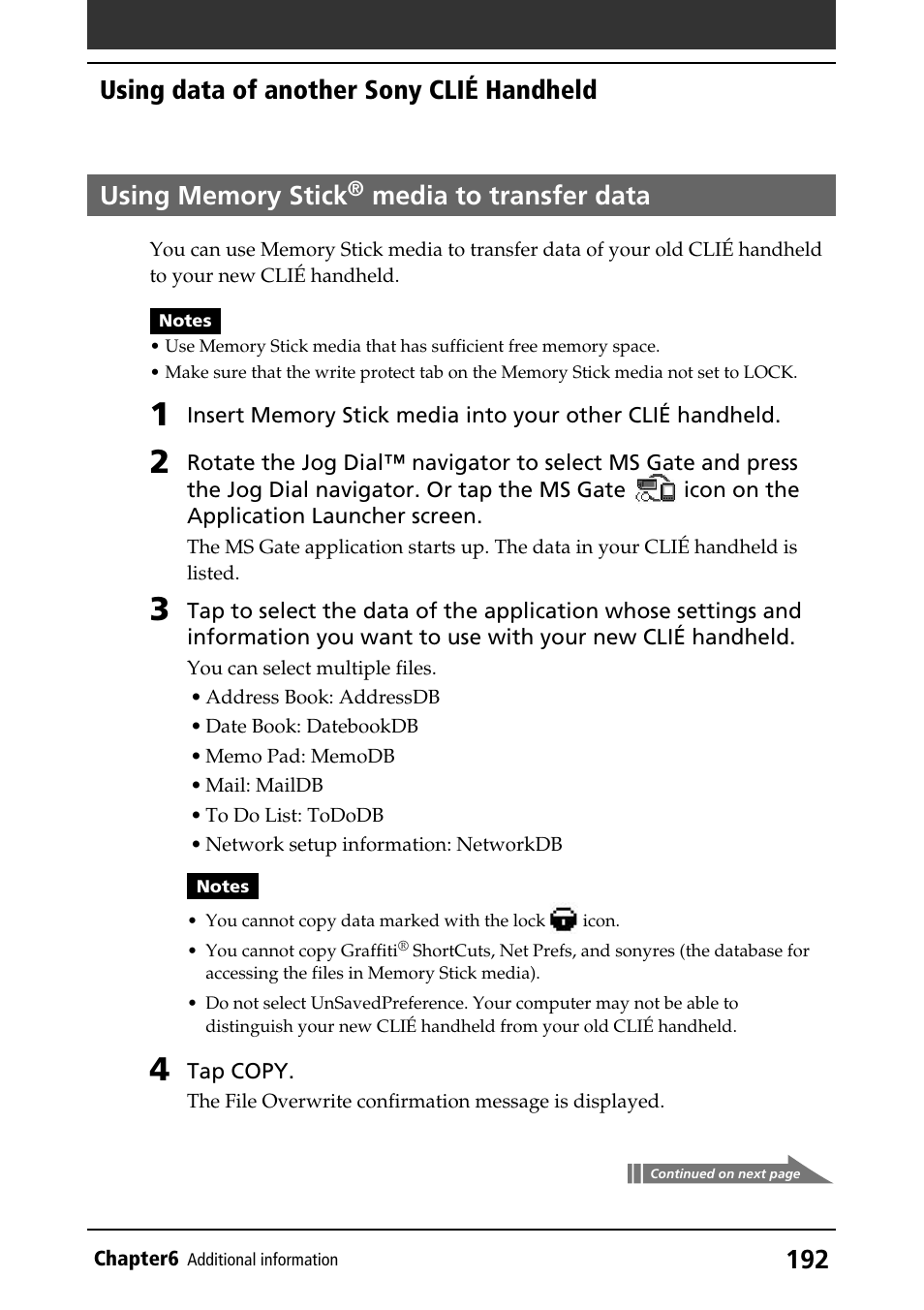 Using memory stick® media to transfer data, Using memory stick, Media | To transfer data, Media to transfer data, Using data of another sony clié handheld | Sony PEG-T415G User Manual | Page 192 / 220